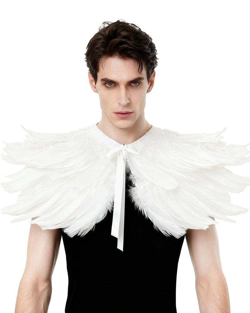 L'VOW Men' Gothic Natural Feather Shrug Shawl Cape Stole Collar Halloween Costumes (White-06) - Image 1