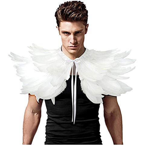 L'VOW Men' Gothic Natural Feather Shrug Shawl Cape Stole Collar Halloween Costumes (White-06) - Image 2