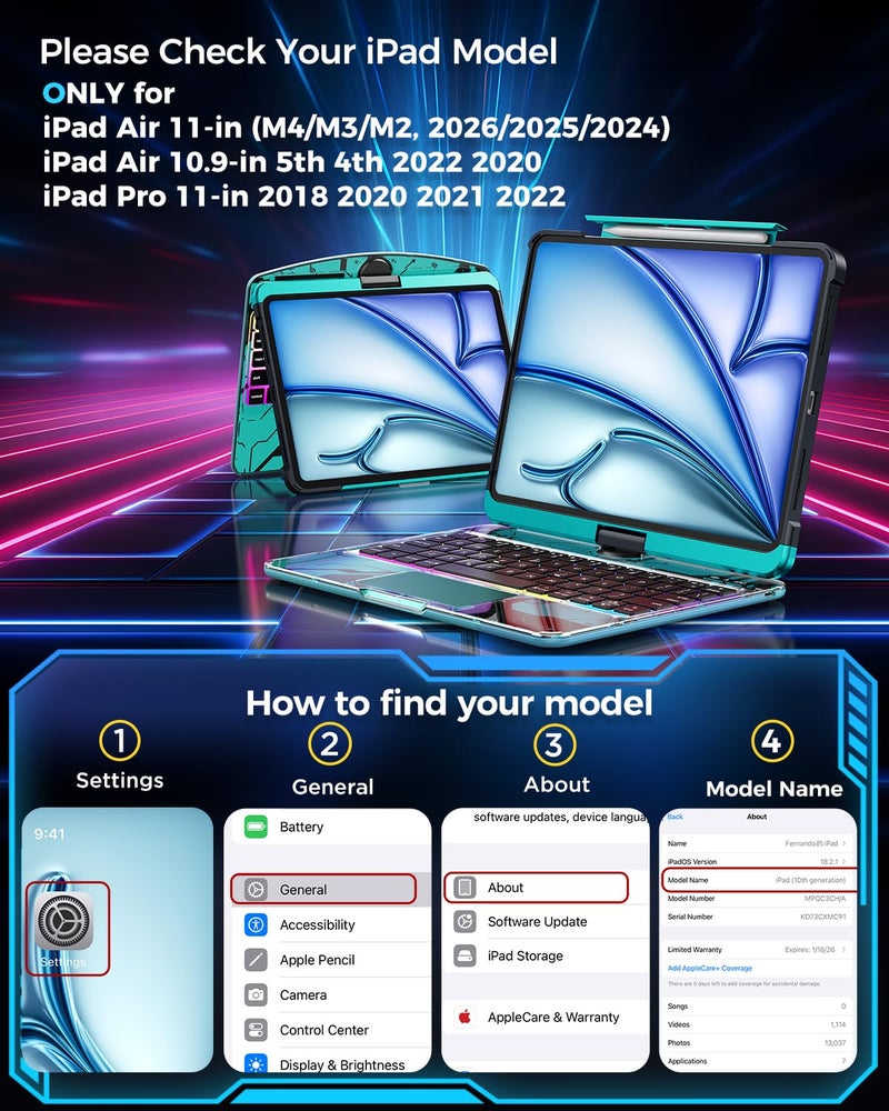 SIBEITU Keyboard Case for iPad Air 11-inch (M4/M3/M2, 2026/2025/2024) & iPad Pro 11-inch 4th 3rd 2nd 1st Gen, 7-Color Backlit, Multi-Touch Trackpad, 360°Rotatable for 10.9" iPad Air 4th/5th Gen, Blue - Image 2
