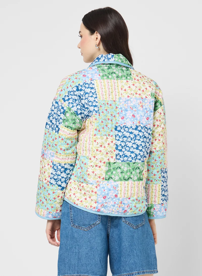 جينجر Floral Patchwork Quilted Lapel CollarJacket