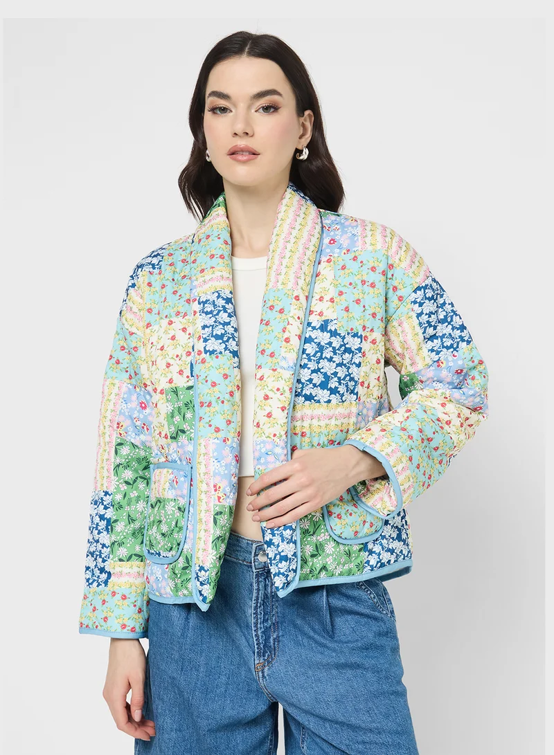 جينجر Floral Patchwork Quilted Lapel CollarJacket