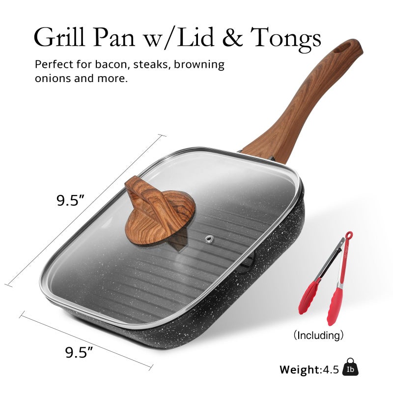 ESLITE LIFE 9.5 Inch Nonstick Grill Pan with Lid for Indoor Cooking, Versatile Induction Square Large Grilling Skillet Steak Pan for Stove Tops, PTFE & PFOA Free, Black - Image 2