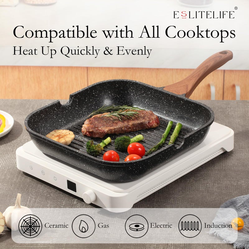 ESLITE LIFE 9.5 Inch Nonstick Grill Pan with Lid for Indoor Cooking, Versatile Induction Square Large Grilling Skillet Steak Pan for Stove Tops, PTFE & PFOA Free, Black - Image 4