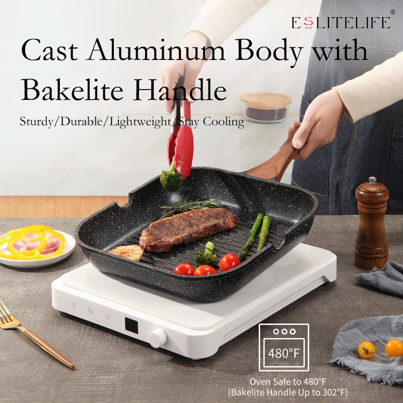 ESLITE LIFE 9.5 Inch Nonstick Grill Pan with Lid for Indoor Cooking, Versatile Induction Square Large Grilling Skillet Steak Pan for Stove Tops, PTFE & PFOA Free, Black - Image 5