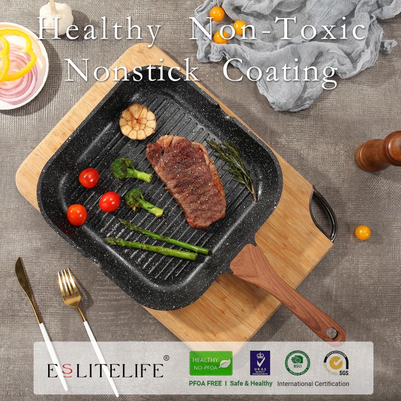 ESLITE LIFE 9.5 Inch Nonstick Grill Pan with Lid for Indoor Cooking, Versatile Induction Square Large Grilling Skillet Steak Pan for Stove Tops, PTFE & PFOA Free, Black - Image 3