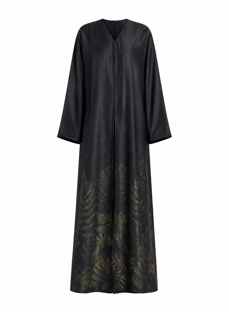 Amnad International Women's Premium Silk Abaya, Black Olive Botanical Print Modest Kaftan Dress with Matching Hijab, Sizes 52-60 inches