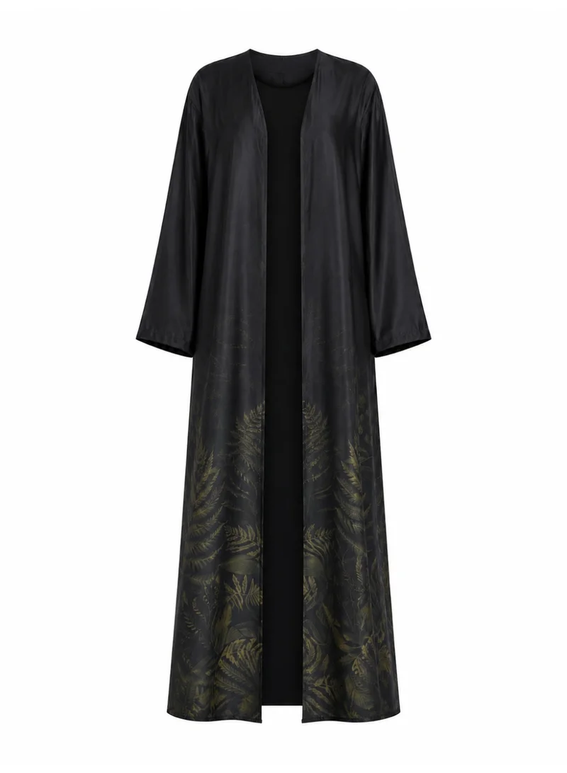 Amnad International Women's Premium Silk Abaya, Black Olive Botanical Print Modest Kaftan Dress with Matching Hijab, Sizes 52-60 inches