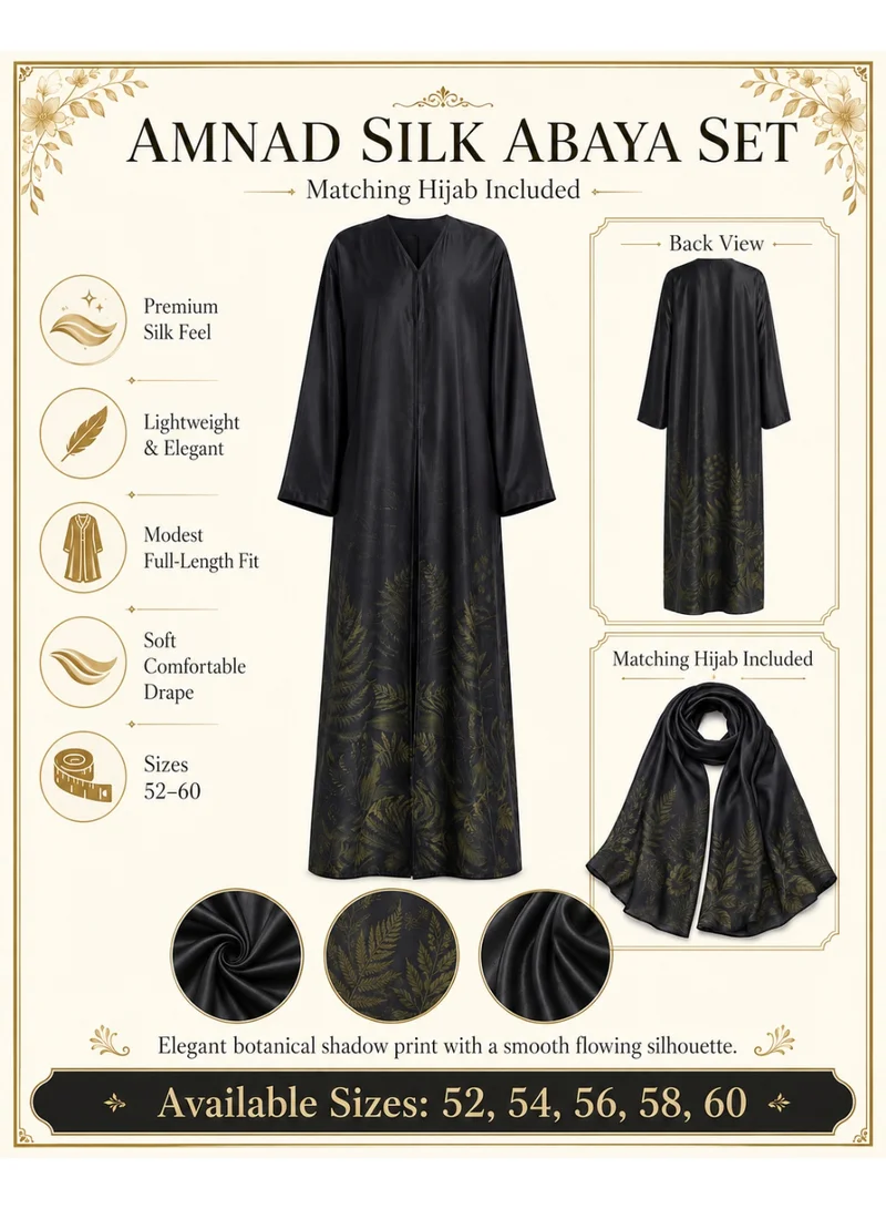 Amnad International  Women's Premium Silk Abaya, Black Olive Botanical Print Modest Kaftan Dress with Matching Hijab, Sizes 52-60 inches for Women | Best Price UAE