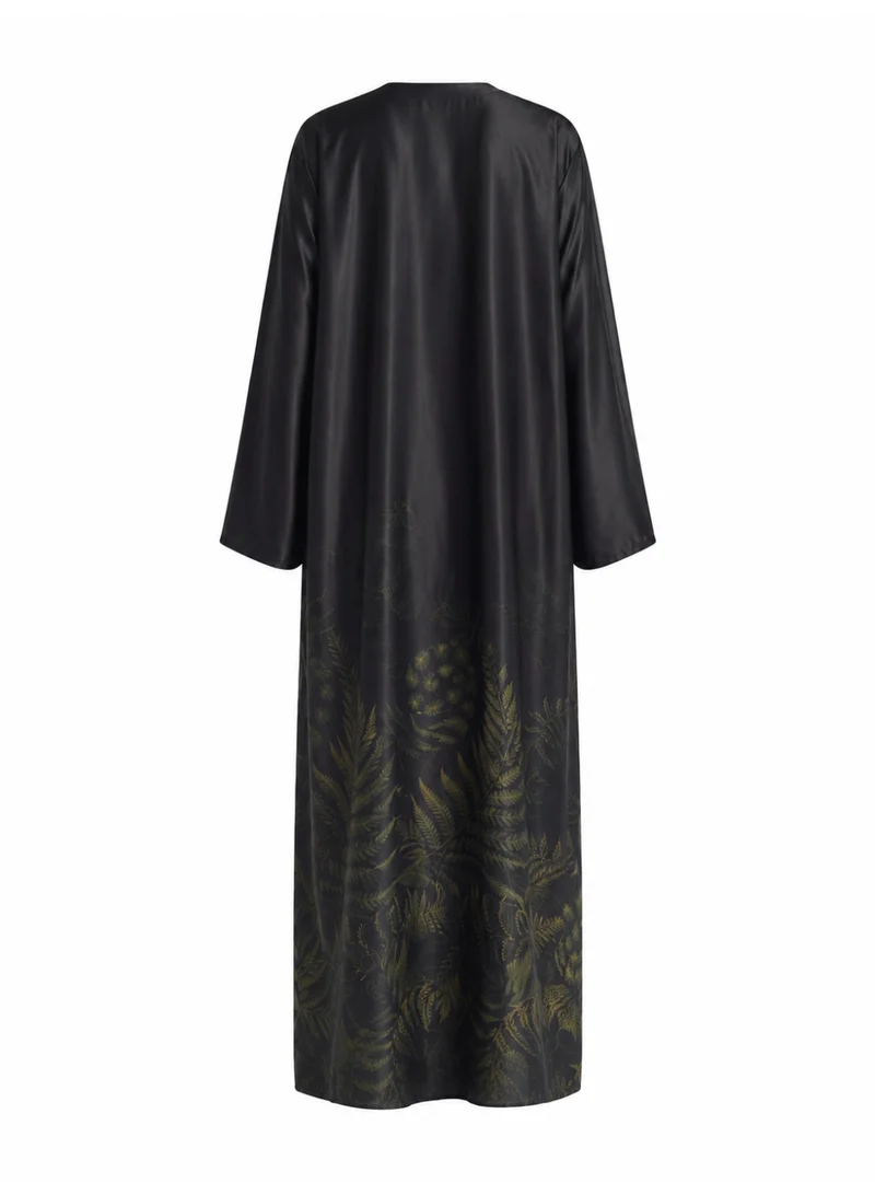 Amnad International  Women's Premium Silk Abaya, Black Olive Botanical Print Modest Kaftan Dress with Matching Hijab, Sizes 52-60 inches for Women | Best Price UAE