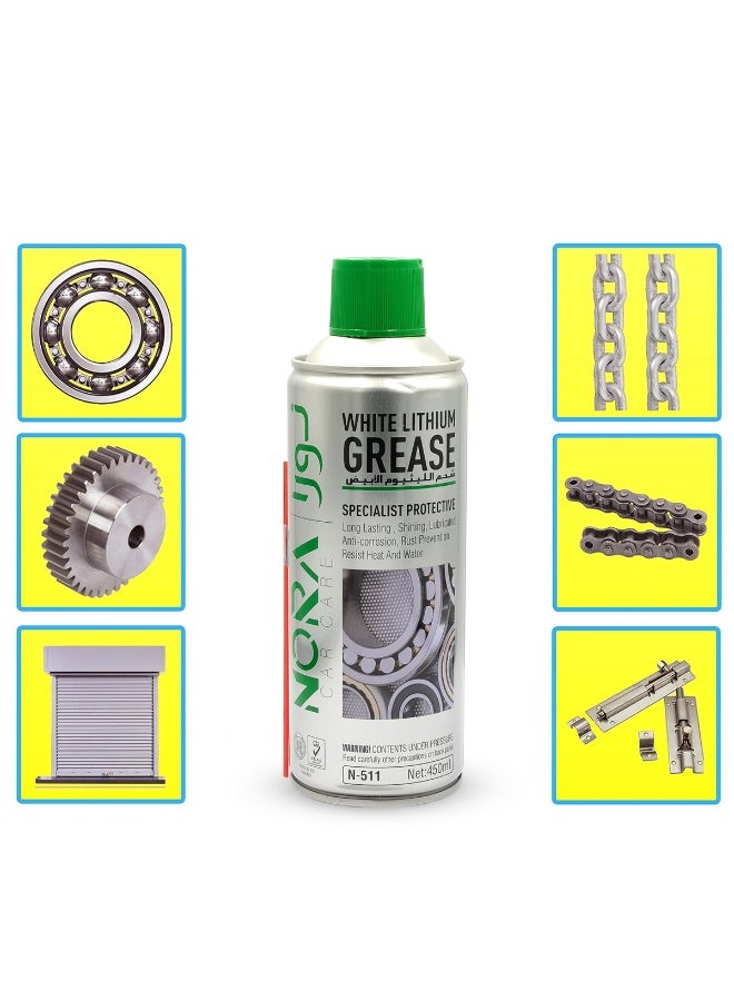 NORA N-511 White Lithium Grease Spray 450ml Heavy Duty Lubricant for Automotive Industrial Gears Chains Bearings Door Tracks Hinge Rust Corrosion Protection Water Heat Resistant Specialist Protective Multi-Purpose Metal to Metal Lubrication - Image 2