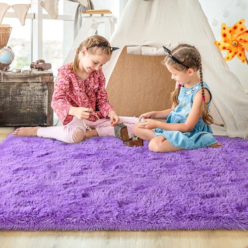 junovo Washable, Non-Slip Area Rug, Ultra Soft Area Rugs 4x5.3 Feet Fluffy Carpets for Bedroom Kids Girls Boys Baby Living Room Shaggy Floor Nursery Rug Home Bedroom Mats, Purple - Image 2