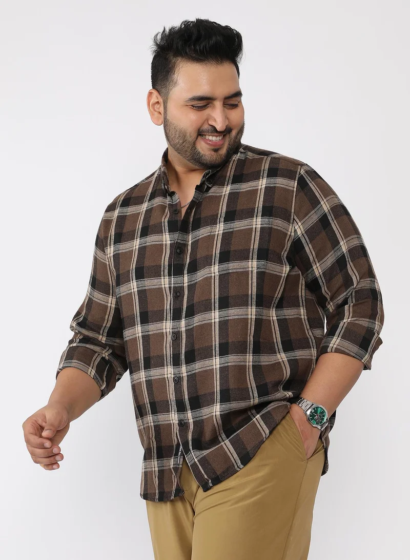 Instafab Plus  Men Shadow-Plaid Twill Shirt | Button-Down Collar , Long Single-Button Cuff Sleeves | Button Closure , Curved Hem | Plaid Twill | Woven Fabric For Casual & Evening Wear | Coffee Brown for Men | Best Price UAE