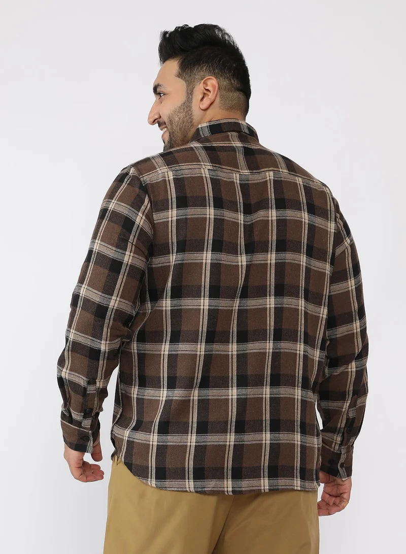 Instafab Plus  Men Shadow-Plaid Twill Shirt | Button-Down Collar , Long Single-Button Cuff Sleeves | Button Closure , Curved Hem | Plaid Twill | Woven Fabric For Casual & Evening Wear | Coffee Brown for Men | Best Price UAE