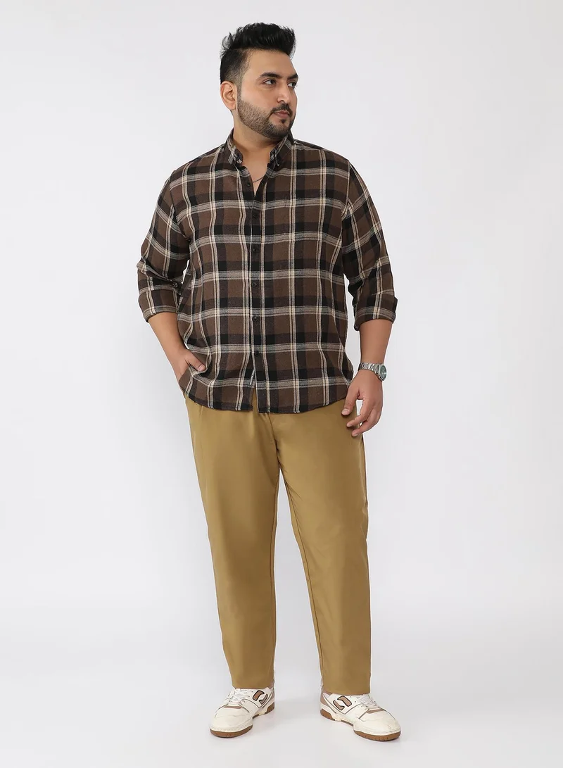 Instafab Plus  Men Shadow-Plaid Twill Shirt | Button-Down Collar , Long Single-Button Cuff Sleeves | Button Closure , Curved Hem | Plaid Twill | Woven Fabric For Casual & Evening Wear | Coffee Brown for Men | Best Price UAE