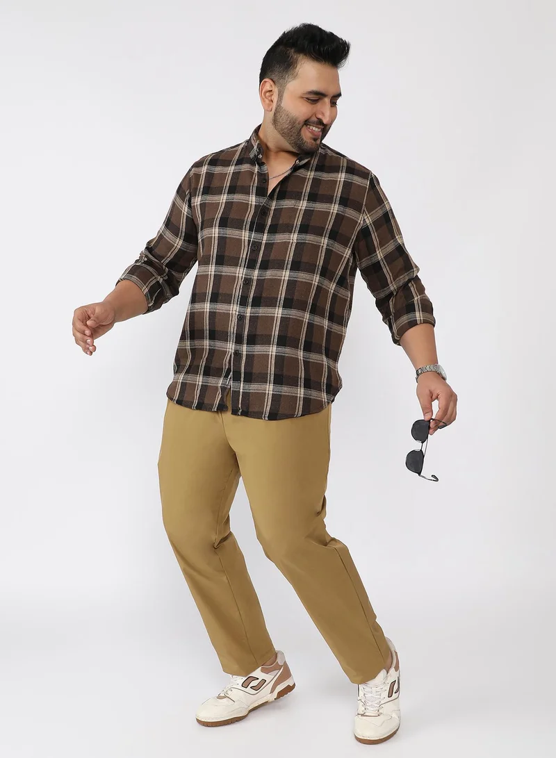 Instafab Plus  Men Shadow-Plaid Twill Shirt | Button-Down Collar , Long Single-Button Cuff Sleeves | Button Closure , Curved Hem | Plaid Twill | Woven Fabric For Casual & Evening Wear | Coffee Brown for Men | Best Price UAE