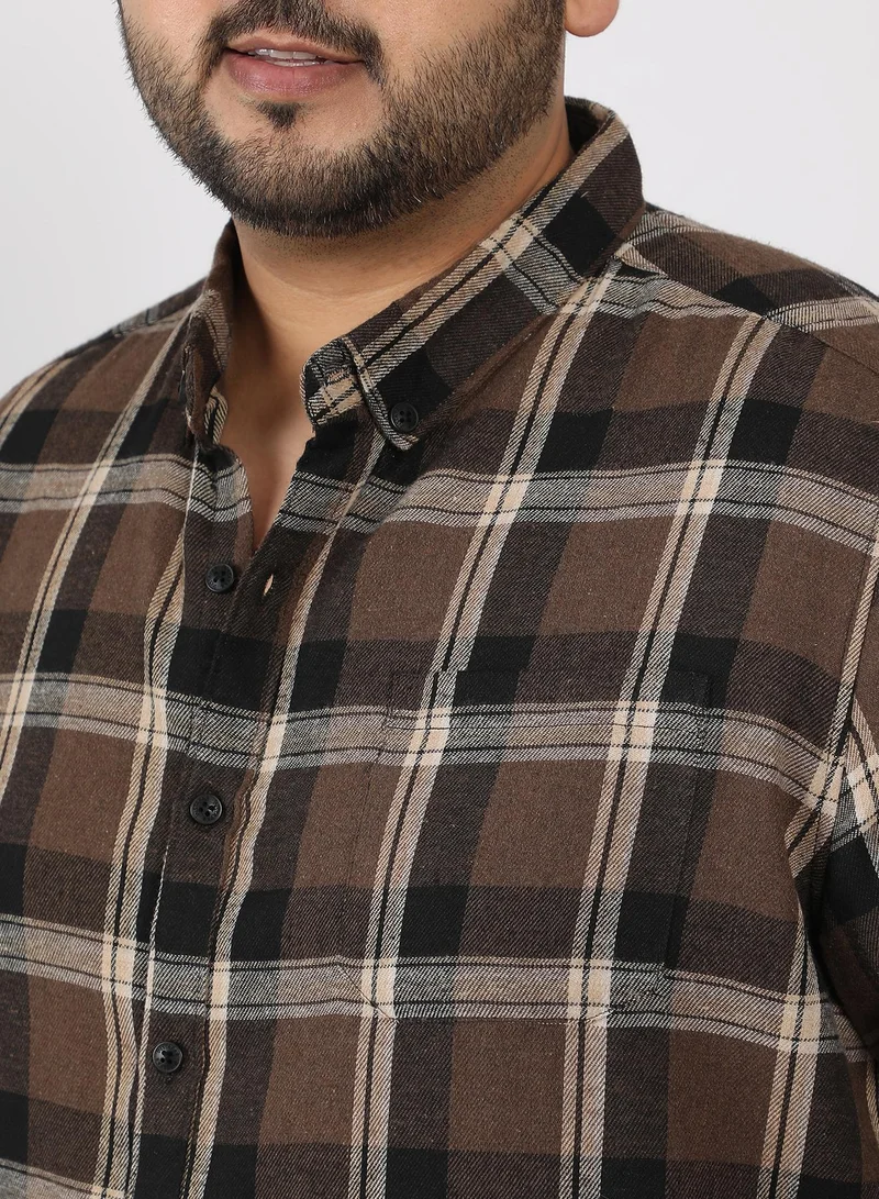 Instafab Plus  Men Shadow-Plaid Twill Shirt | Button-Down Collar , Long Single-Button Cuff Sleeves | Button Closure , Curved Hem | Plaid Twill | Woven Fabric For Casual & Evening Wear | Coffee Brown for Men | Best Price UAE
