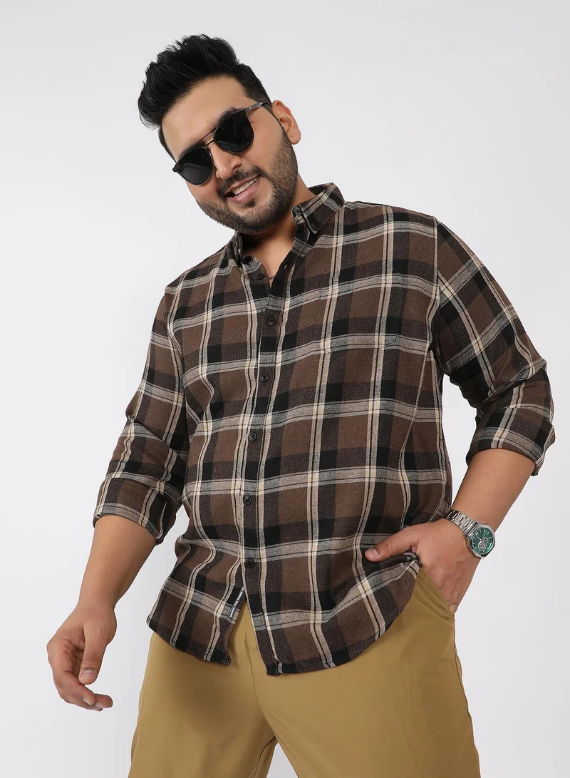 Instafab Plus Men Shadow-Plaid Twill Shirt | Button-Down Collar , Long Single-Button Cuff Sleeves | Button Closure , Curved Hem | Plaid Twill | Woven Fabric For Casual & Evening Wear | Coffee Brown