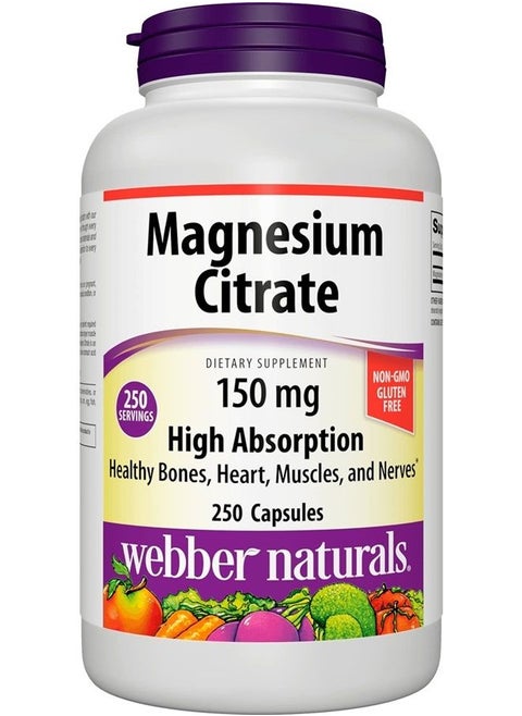 Magnesium Citrate 150 mg, 250 Capsules, High Absorption, Helps Maintain Healthy Bones, Teeth and Proper Muscle & Heart Function, Non-GMO, Gluten & Diary Free