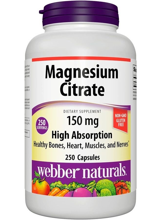 Webber naturals Magnesium Citrate 150 mg, 250 Capsules, High Absorption, Helps Maintain Healthy Bones, Teeth and Proper Muscle & Heart Function, Non-GMO, Gluten & Diary Free  - Image 1