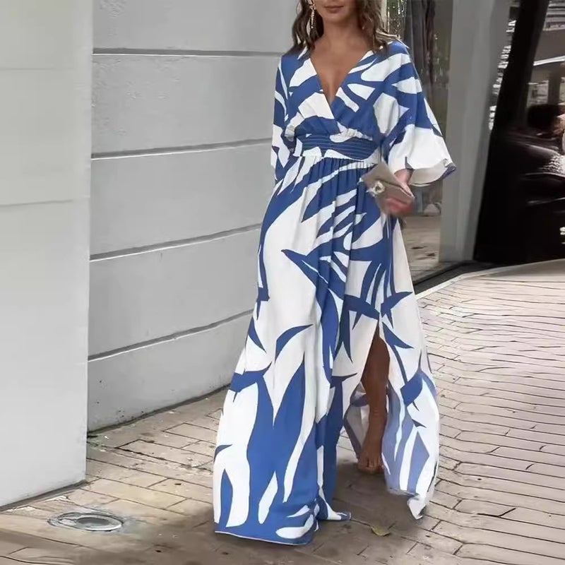 Womens Printed Loose Dress with Short Sleeves, Fashionable and Stylish, Slimming, Small V-Neck, Fresh and Elegant Blue