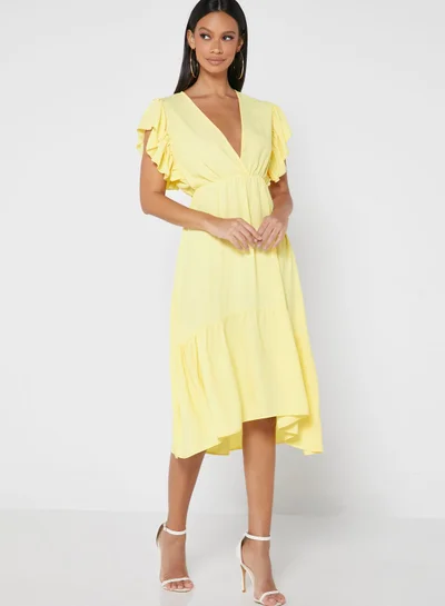 John Zack Ruffle Detail V-Neck Dress