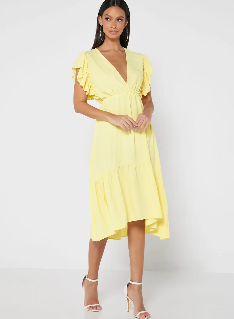 John Zack Ruffle Detail V-Neck Dress