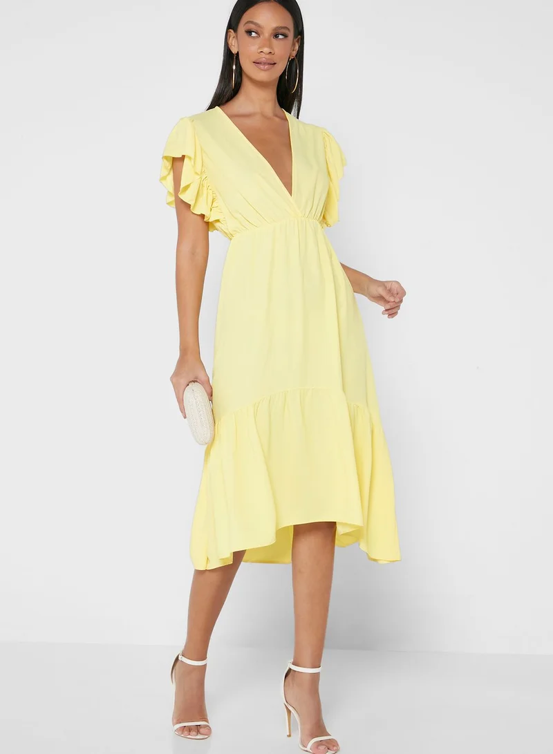 John Zack Ruffle Detail V-Neck Dress