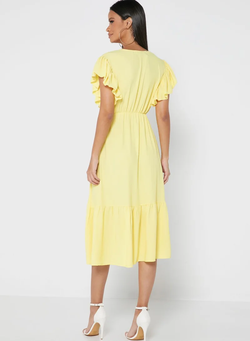 John Zack Ruffle Detail V-Neck Dress