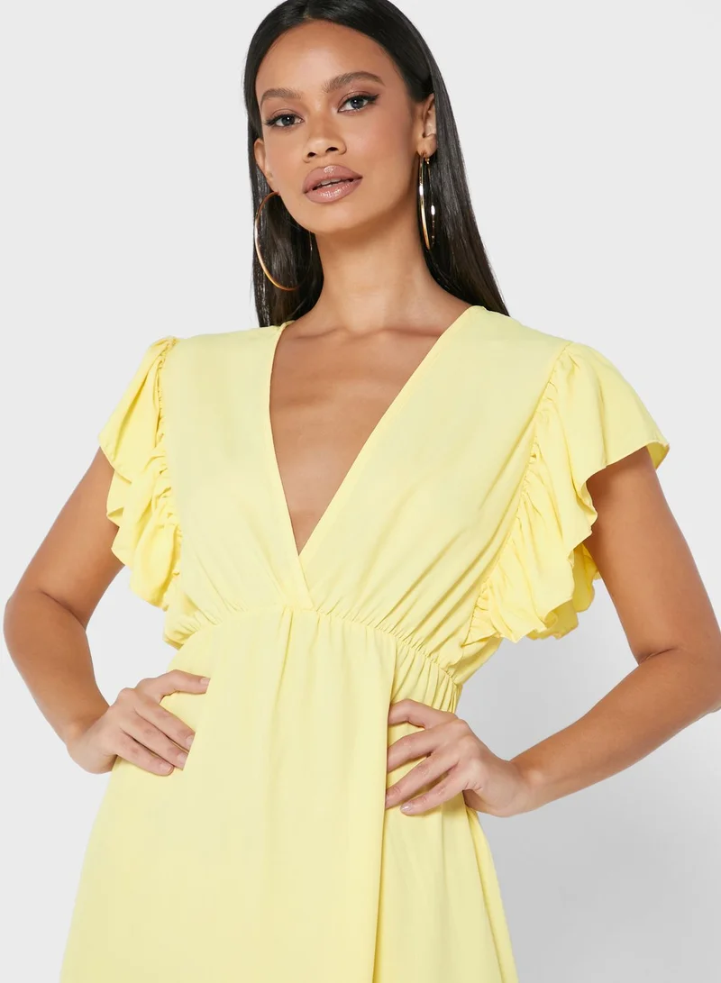 John Zack Ruffle Detail V-Neck Dress