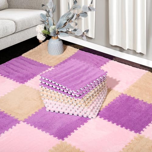 ZENOWICK 12 Pcs Plush Interlocking Carpet Tiles NonToxic Foam Carpet Tiles for Toddler Baby AntiSlip EVA Foam Interlocking Tiles for Floor Nursery Playroom Purple Light Brown Pink - Image 1