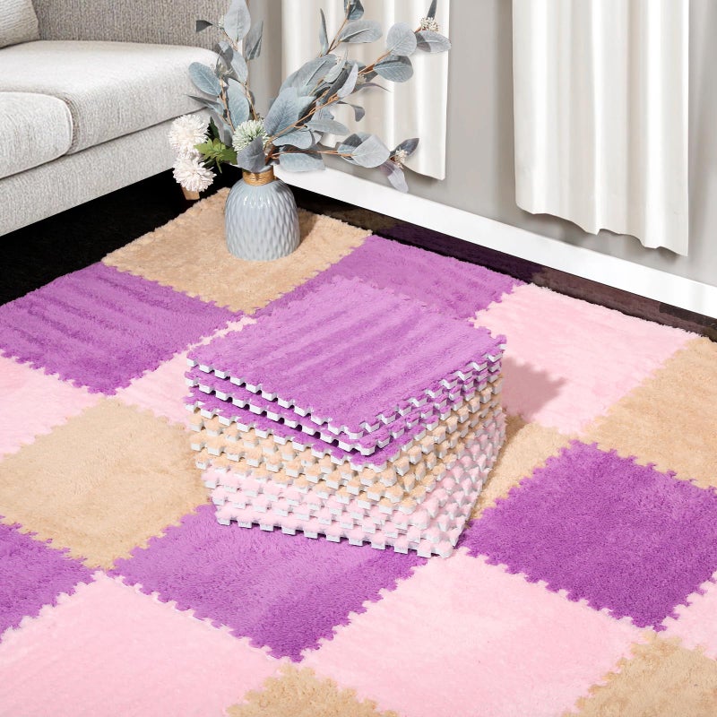 ZENOWICK 12 Pcs Plush Interlocking Carpet Tiles NonToxic Foam Carpet Tiles for Toddler Baby AntiSlip EVA Foam Interlocking Tiles for Floor Nursery Playroom Purple Light Brown Pink - Image 2