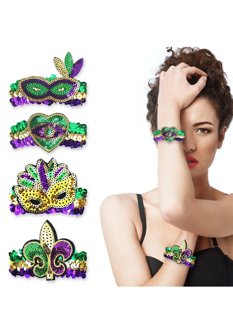 Suntown Mardi Gras Bracelets Carnival Sequin Bracelet Glitter Green Purple Set Wristband for Women and Men Gift - Image 2