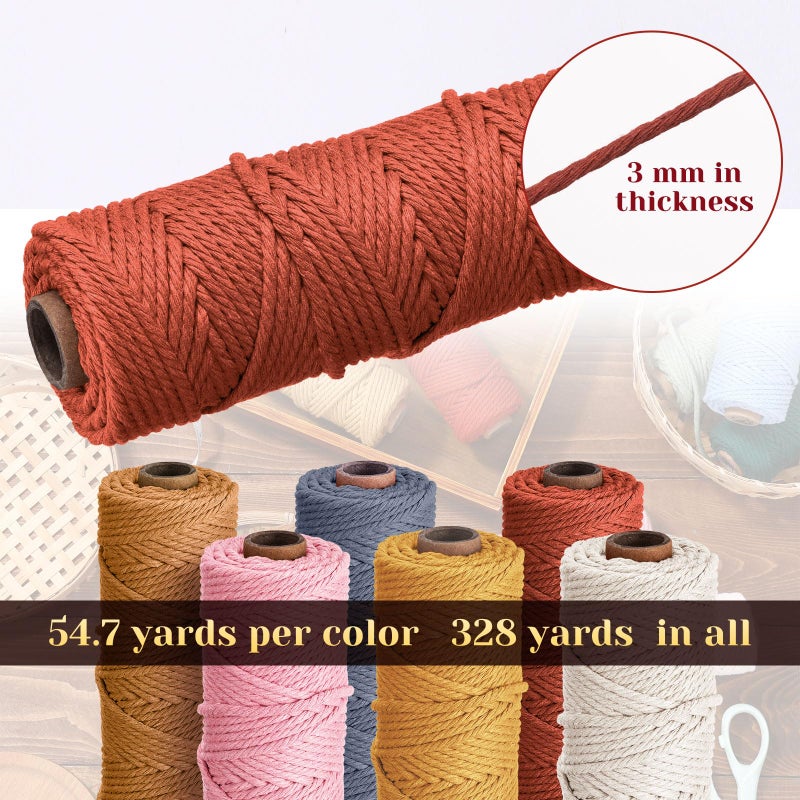 Nuanchu 6 Rolls Macrame Cord 3mm x 328 Yards Cotton Rope Colored Yarn Twine Set for DIY Wall Plant Hanger Crafts Knitting Making Supplies, 6 Colors(Soft Colors) - Image 2