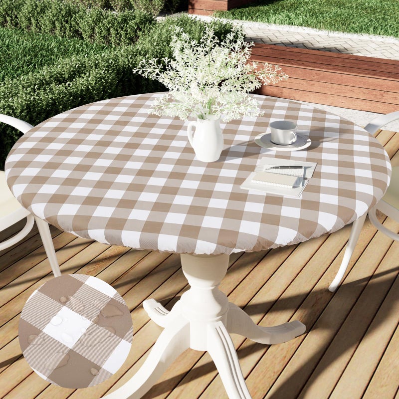 غطاء طاولة دائري سميري للنزهات مرن ومقاوم للماء مناسب لطاولات 4556 غطاء طاولة من الفينيل مع ظهر من الفلانيل بتصميم مربعات بيضاء وكاكي
