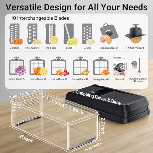 SpaceHacks 15in1 Vegetable Chopper Kitchen Gadgets with 10 Blades Veggie Food Onion Chopper Cucumber Slicer Versatile Mandoline Includes Egg Separator Finger Guard Gray - Image 3