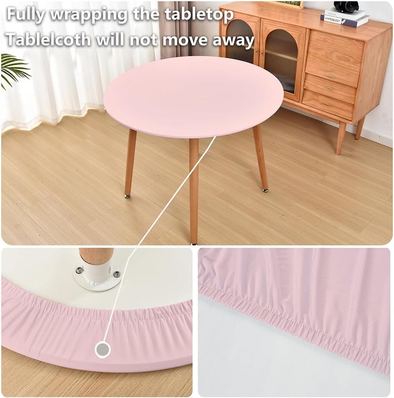 Amonsa Round Fitted Tablecloth with Elastic Edge:Not Vinyl Tight Stretchy Fabric Table Cover Washable Anti-Wrinkle Table Cloth for Outdoor Party Table Protector Pink 48 Inch - Image 2