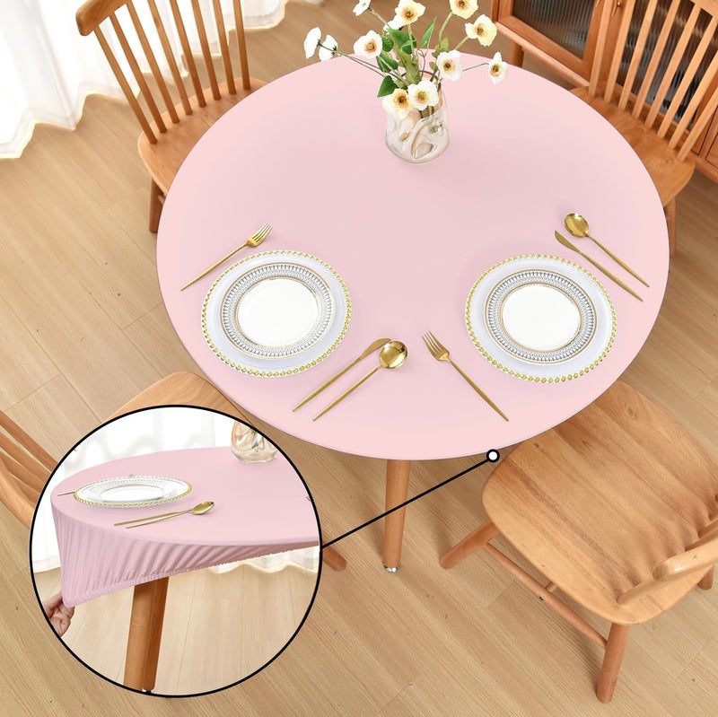 Amonsa Round Fitted Tablecloth with Elastic Edge:Not Vinyl Tight Stretchy Fabric Table Cover Washable Anti-Wrinkle Table Cloth for Outdoor Party Table Protector Pink 48 Inch - Image 1