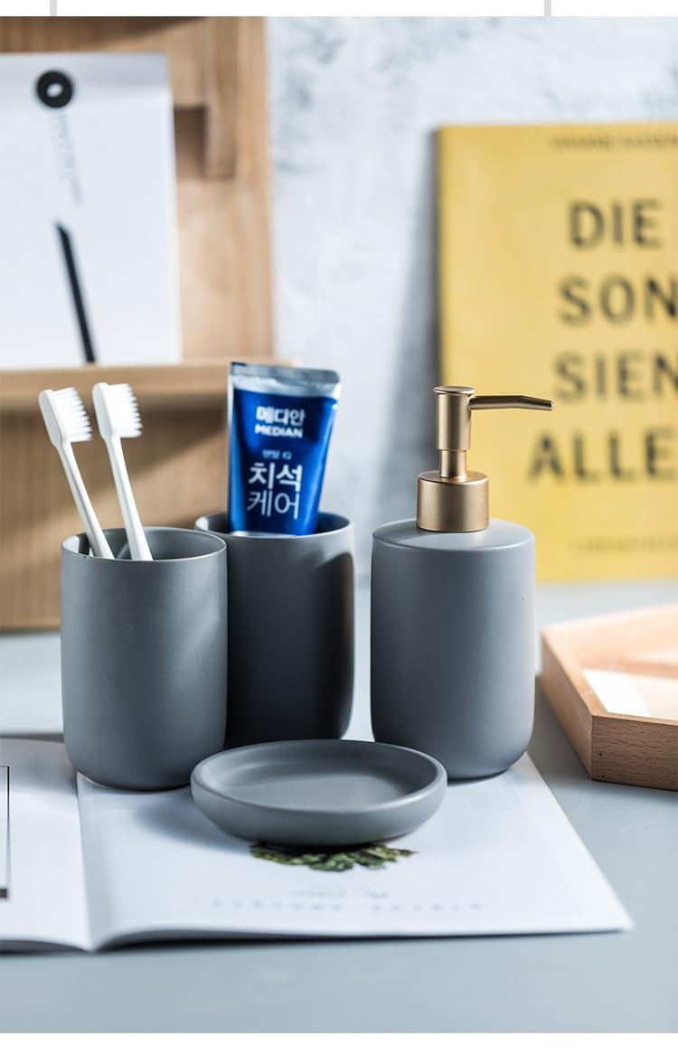 Kuber Industries Bathroom Accessories Set | Handwash Soap Dispenser | Water Cup | Soap Holder Dish for Bathroom | Toothbrush Holder for Bathroom | 4 Piece | Gray - Image 5