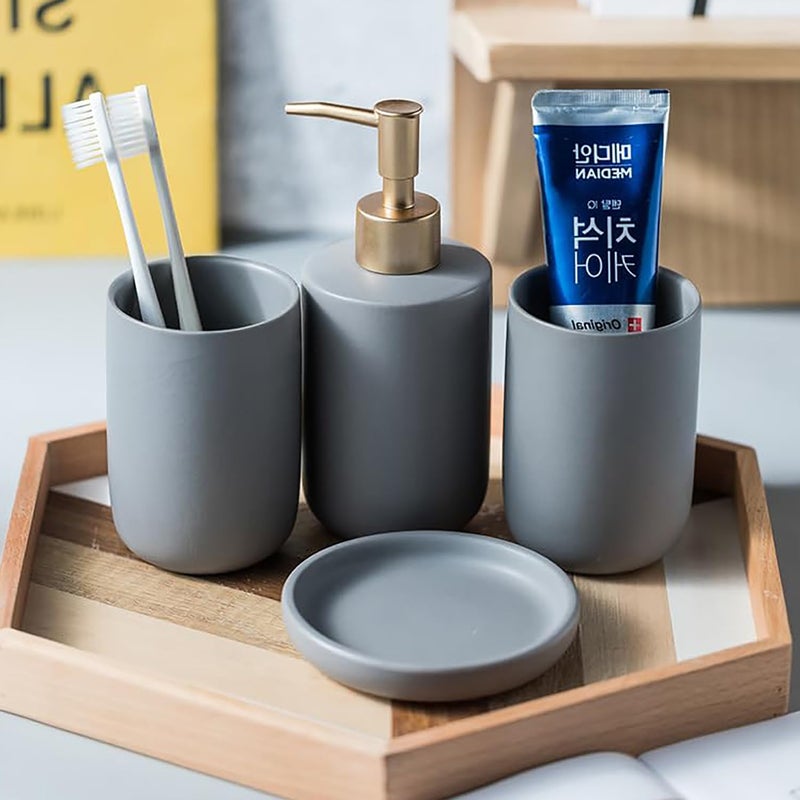 Kuber Industries Bathroom Accessories Set | Handwash Soap Dispenser | Water Cup | Soap Holder Dish for Bathroom | Toothbrush Holder for Bathroom | 4 Piece | Gray - Image 1