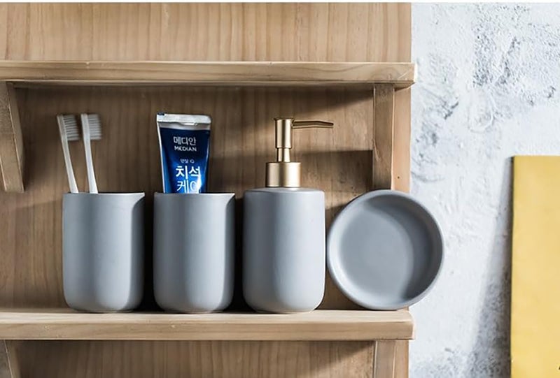 Kuber Industries Bathroom Accessories Set | Handwash Soap Dispenser | Water Cup | Soap Holder Dish for Bathroom | Toothbrush Holder for Bathroom | 4 Piece | Gray - Image 3