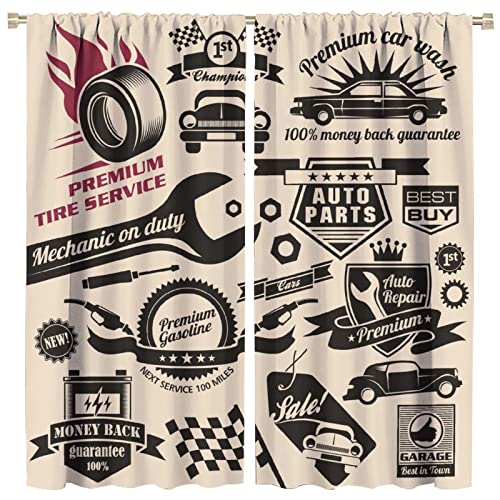 GoDazzling Retro Blackout Curtains Window, Car Repair Shop Logos Monochrome Car Silhouettes Best Garage in Town, for Living Room Bedroom 42x45in 2 Panels - Image 1