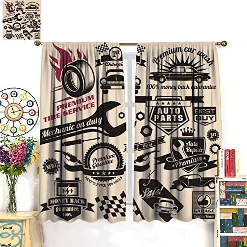 GoDazzling Retro Blackout Curtains Window, Car Repair Shop Logos Monochrome Car Silhouettes Best Garage in Town, for Living Room Bedroom 42x45in 2 Panels - Image 3
