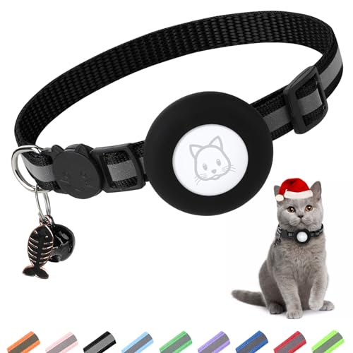 SimpleThings Airtag Cat Collar Air tag Cat Collar with Bell and Safety Buckle in 38 Width Reflective Collar with Waterproof Airtag Holder Compatible with Apple Airtag for Cat Dog Kitten Puppy Black - Image 1