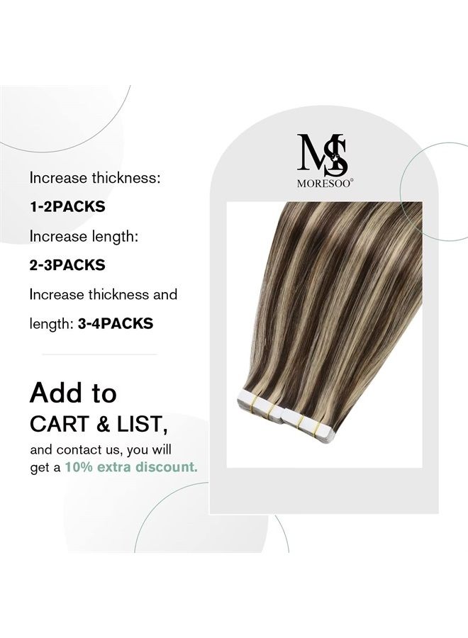 Moresoo Tape in Extensions Human Hair Extensions Brown Highlighted with Blonde Tape in Hair Extensions Human Hair 18 Inch Tape in Real Hair Extensions Remy Straight Tape ins #P4/27 20pcs 50g