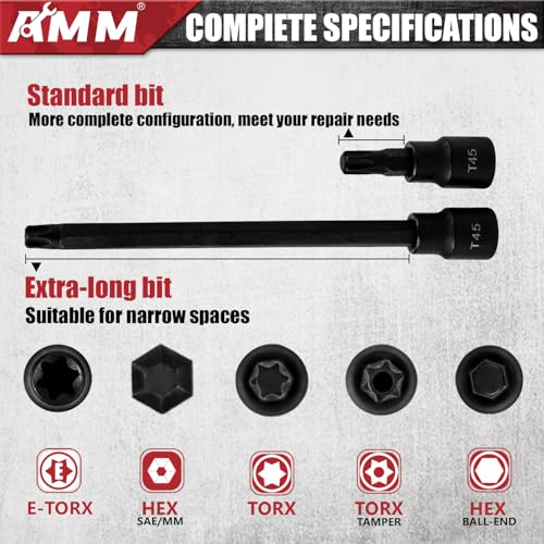 AMM 107PCS Allen and Torx bit socket set, 1/4", 3/8" and 1/2" Drive,Extra long torx/Tamper proof torx/Hex/Ball End Hex,SAE/Metric socket set, S2 Alloy steel bits - Image 5