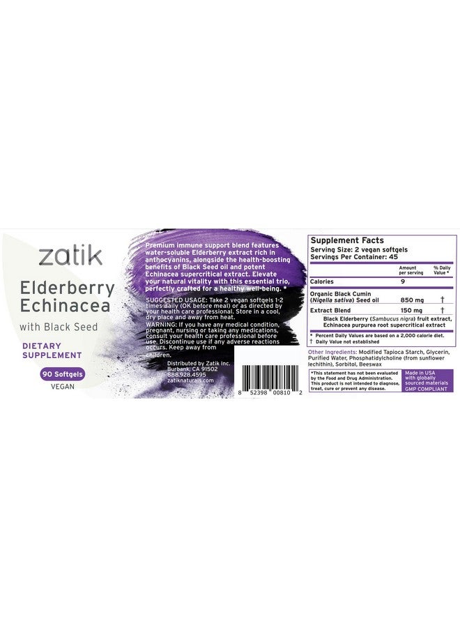 Zatik Naturals - Elderberry + Echinacea + Black Seed for Immune Support, 90 Vegan Softgels - Image 2