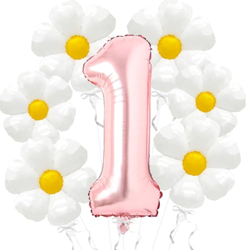 Corabsar Daisy Balloons Groovy One Birthday Decorations 40 Inch Rose Gold Number 1 Balloons Daisy Balloon for One Groovy Baby Birthday Decor Daisys First Birthdays Decor - Image 1