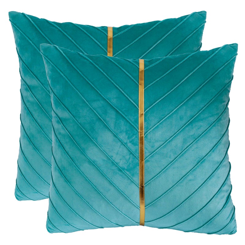 Tosleo Aqua Green Velvet Throw Pillow Covers 20x20 inch Pack of 2 with Gold Leather Decorative Couch Pillow Cover Luxury Modern Pillowcases for Living Room Bedroom Sofa Cushion Bed