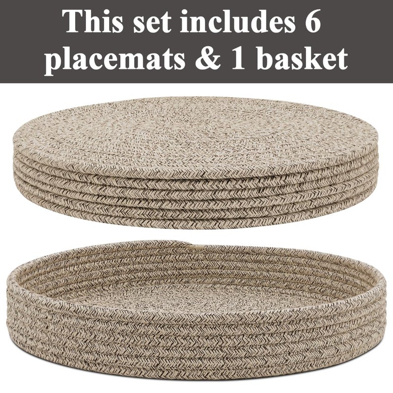 Jukercici Round Placemats Set of 6 with Holder, Cotton Rope Woven Place Mats, Hot Pads for Kitchen, Heat Resistant Table Mats, 13 Inch Farmhouse Washable Braided Placemat for Kitchen Decor (Brown) - Image 2
