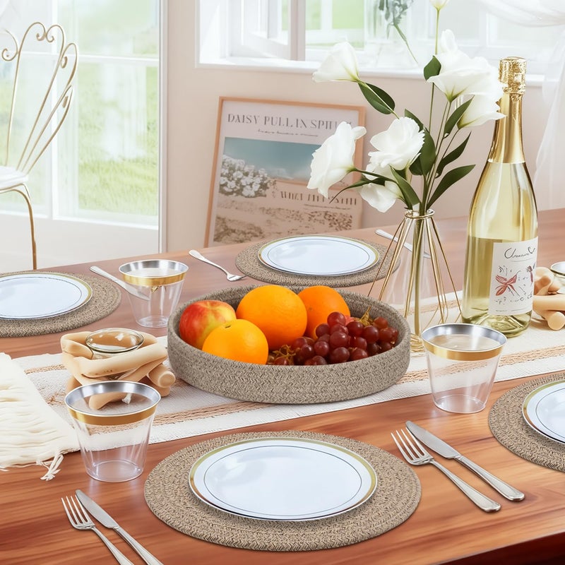 Jukercici Round Placemats Set of 6 with Holder, Cotton Rope Woven Place Mats, Hot Pads for Kitchen, Heat Resistant Table Mats, 13 Inch Farmhouse Washable Braided Placemat for Kitchen Decor (Brown) - Image 5